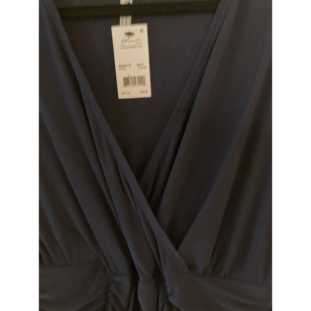 NWT  NY COLLECTION PLUS SIZE RUCHED A-LINE DRESS NAVY 1X - Picture 6 of 10